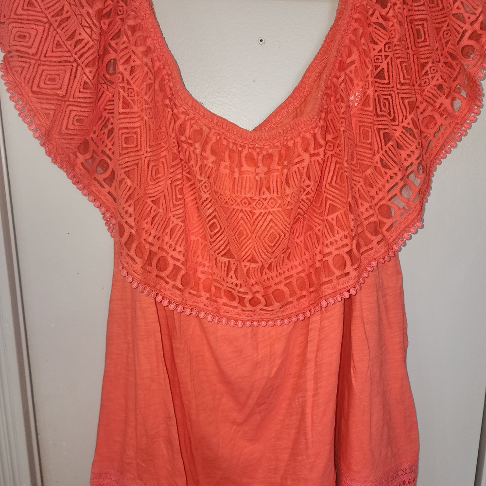 Lane Bryant Coral Lace Yoke Scoop Neck Top